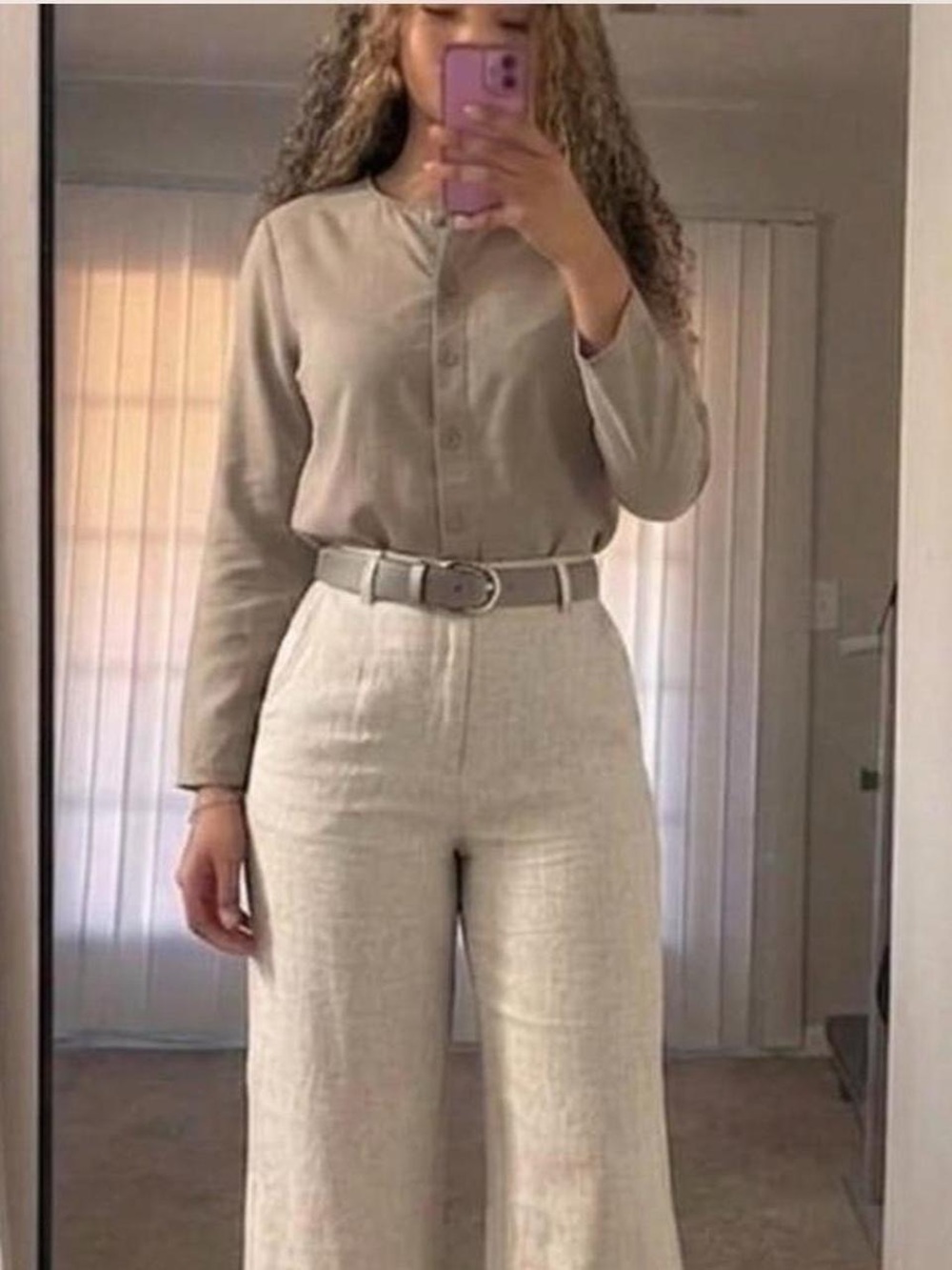 Eileen Fisher Taupe Crewneck Button Blouse